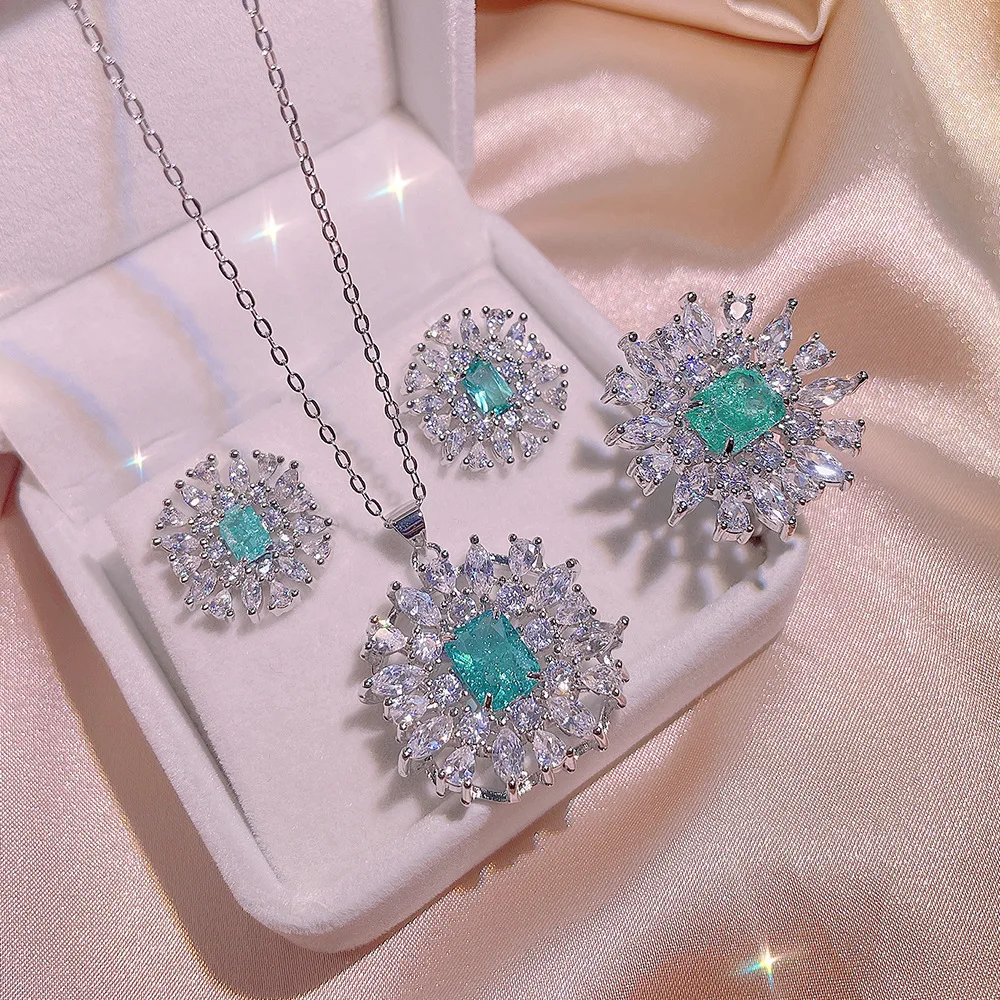 Ruzzallati Classic Square Paraiba Tourmaline Gemstone Jewelry Set Charms Da Donna Vintage Trendy Wedding Bridal Jewelry