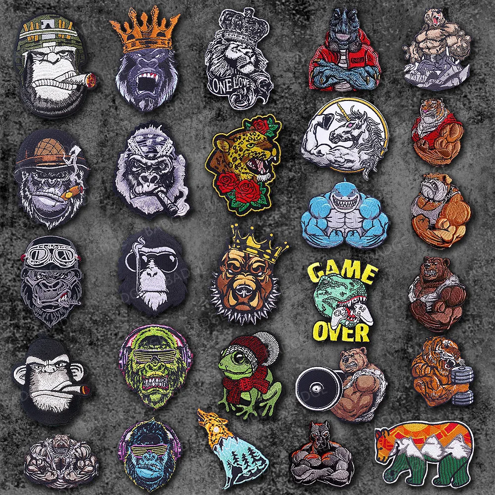 Punk Muscle Energy Animals Gorilla, Shark, Tiger, Bear Ricamo Iron On Patch Appliques Per Abbigliamento Zaino Distintivo Personalizzato