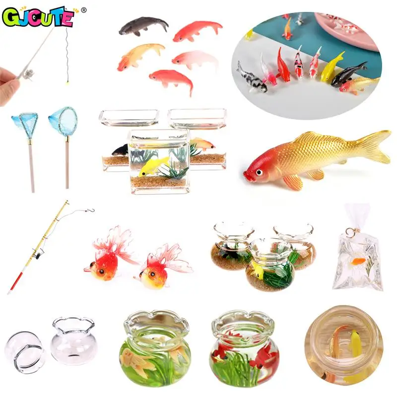 Casa Delle Bambole Modello Di Carpa In Miniatura Simulazione Giocattolo Koi Goldfish Fish Tank Rete Da Pesca Canna Decor Accessori Per Bambole Bambini