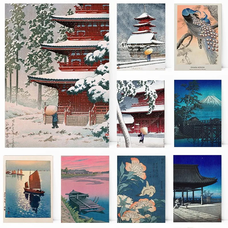 Hasui Kawase Osaka Vintage Japanese Art Koi Carps Peacock Snowy Scenery Poster Immagini A Parete Canvas Painting Room Home Decor