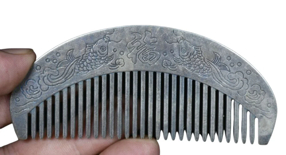 10.4Cm Old China Miao Silver Dynasty Palace Koi Carp Fortune Jewelry Comb