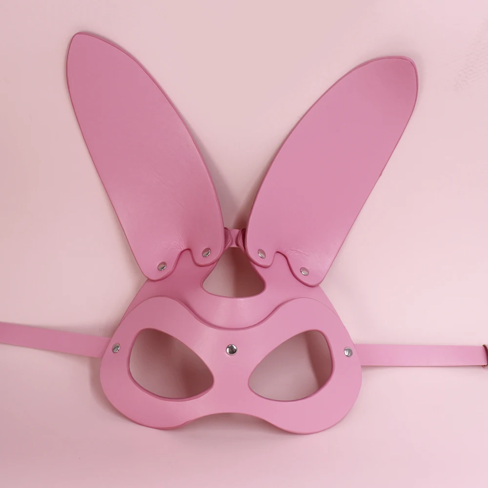 B.Cyqz Sexy Bunny Ears Maschere Rosa Pu Leather Masquerade Maschere Cosplay Bondage Harness Accessori Donna Gothic Prop Halloween
