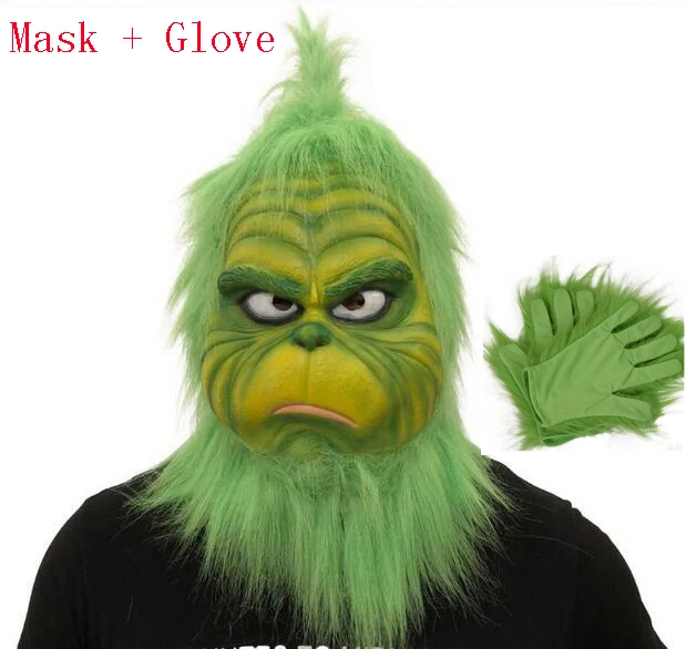 Cute How Christmas Green Haired Cosplay Mask Latex Halloween Xmas Full Head Latex Mask Cosplay Costume Mask Puntelli
