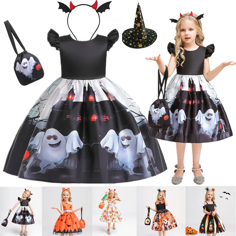 Halloween Princess Dress For Girl Skeleton Pumpkin Print Costume Ghost Bat Castle Frock Witch Monster Teen Girl Cosplay Outfits