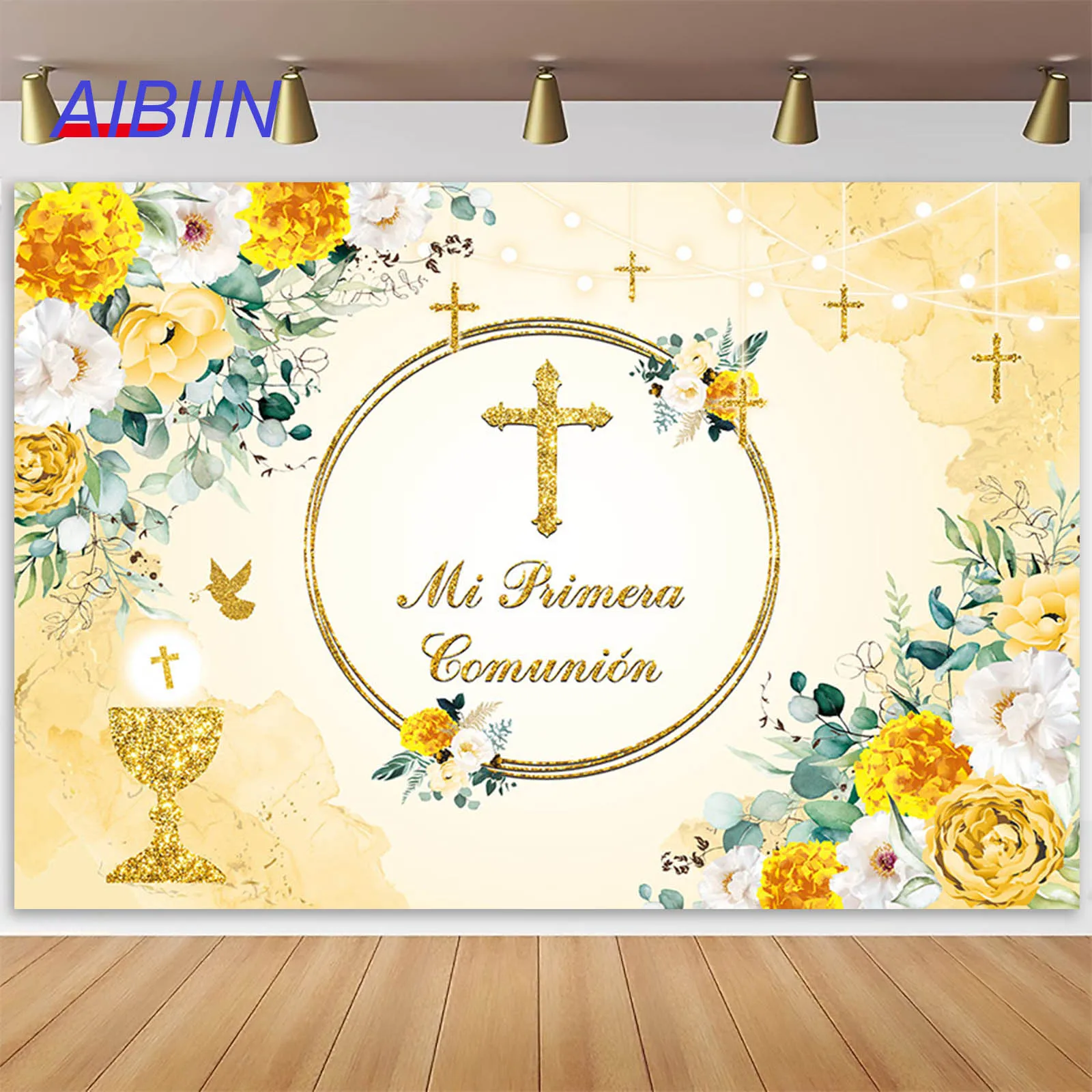 Aibiin Battesimo Fotografia Sfondo Croce D'Oro Fiore Giallo Foglia Verde Prima Comunione Sfondo Battesimo Decorazioni Per Feste