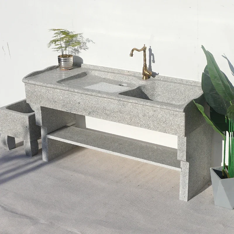 Lavandino In Marmo, Lavabo Integrato In Pietra Naturale, Cortile Domestico, Pietra Intera Con Lavabo