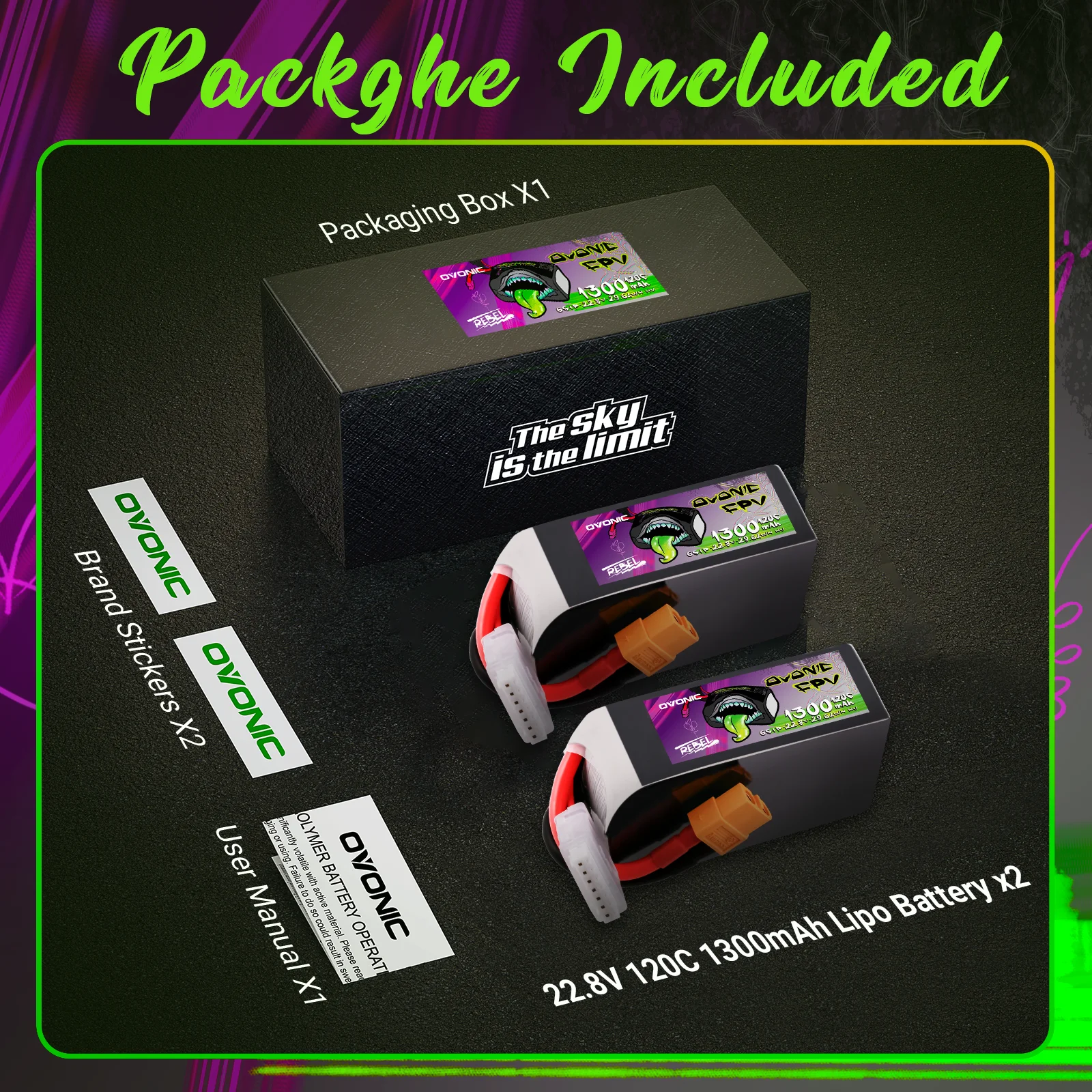 2 Pezzi Ovonic Hv 1300Mah 22.8V 120C 6S Pacco Batteria Lipo Con Spina Xt60 Per Fpv Freestyle Fpv Racing Rc Airplane, Elicottero Rc