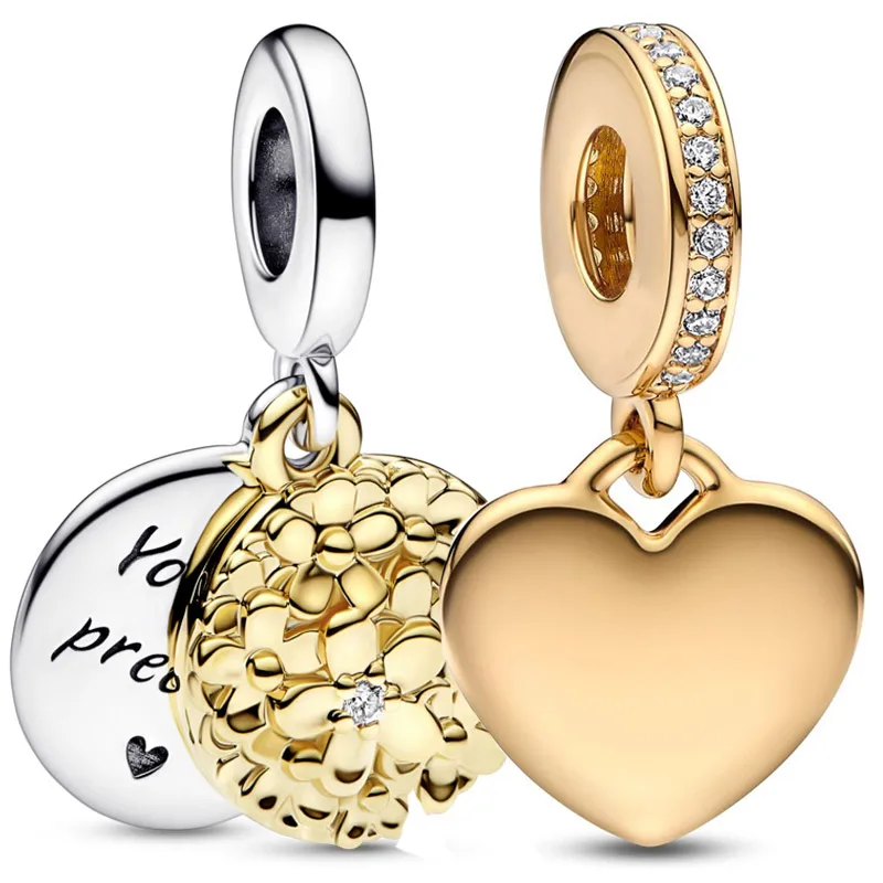 Original Shine Engravable Heart Tag Two-Tone Daisy Double Pendant Bead Fit Europe 925 Sterling Silver Charm Bracciale Jewelry