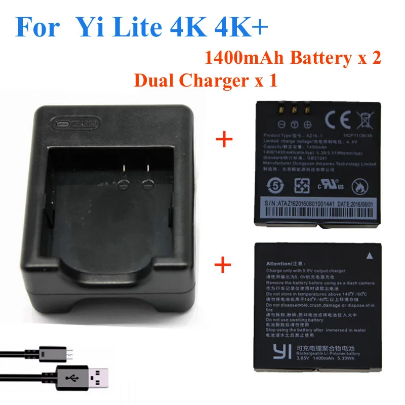 2 Pz 1400Mah Per Xiaomi Yi Lite / Yi 2/4Kplus 4K + Batteria + Usb Doppio Caricatore Per Originale Xiaomi Yi 4K Action Camera Accessori