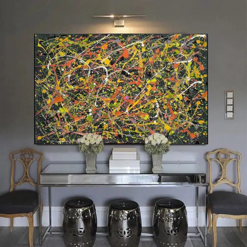 Jackson Pollock Style Paintings,Jackson Pollock Style Abstract Big Painting On Canvas,Painting Home Decor Yellow Hanging Artwork