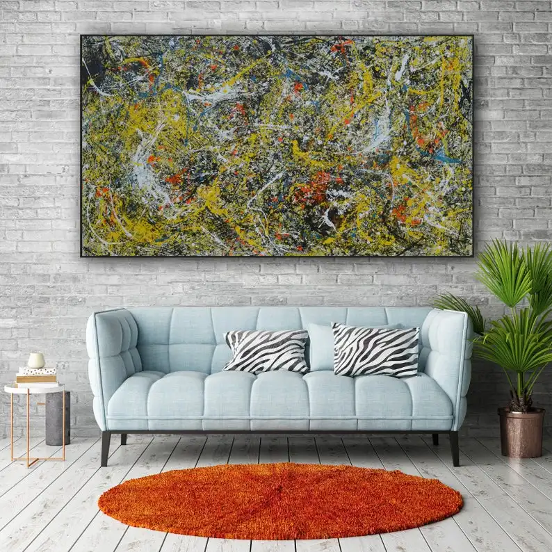 Abstract Painting, Jackson Pollock Style, Yellow Black White Blue, Extra Large Big Canvas Abstract Oil Abstract Contemporary Art