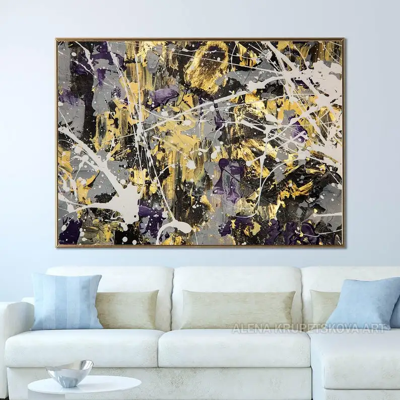Gray And Gold Abstract Wall Art For Living Room, Jackson Pollock Style Art  Sale, Unique Wide Grey Abstract Canvasoil  Abstract