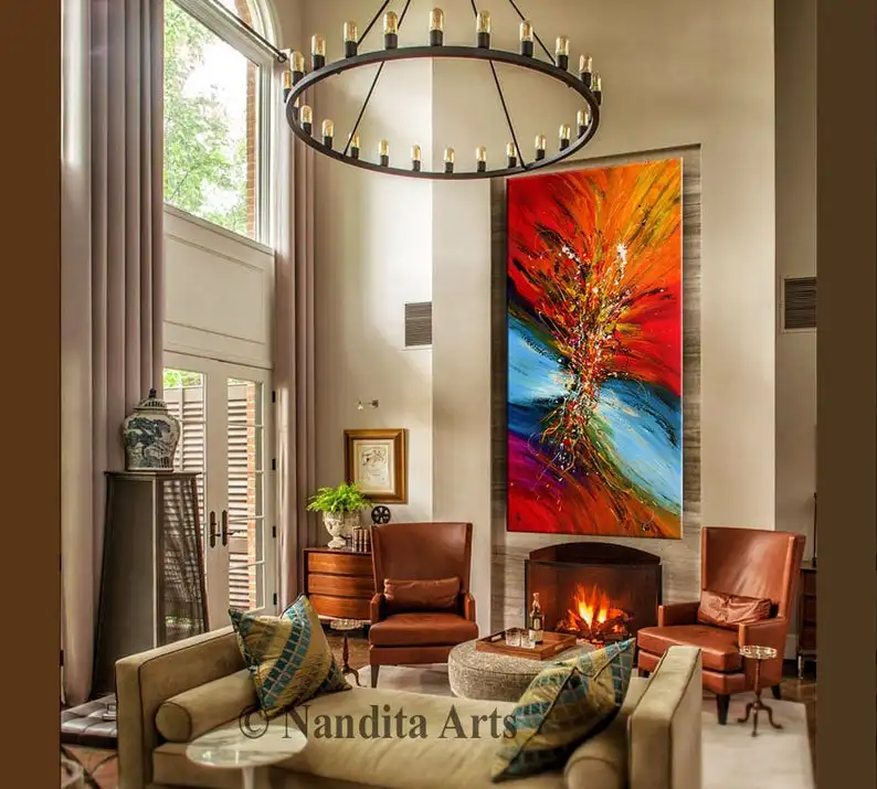 Red Jackson Pollock Look Modern Wall Art Decor Blue Abstract Painting On Canvas Original Large Contemporary Art Abstract Oil