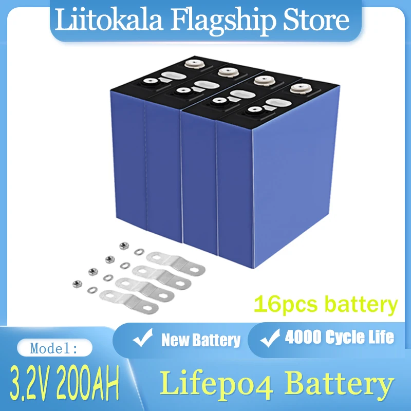 16Pcs Liitokala Lifepo4 3.2V 200Ah Grade A New Lifepo4 Rechargeable Battery 3.2V 200Ah Battery, Suitable For 12V 200Ah Solar