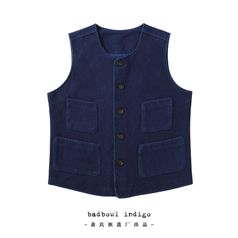 New Spring And Autumn Fashion Indigo Blue Gilet Esterno Tinto Da Uomo Giapponese Retrò Sashiko Kendo Gilet Da Uomo In Tessuto Con Multitasche