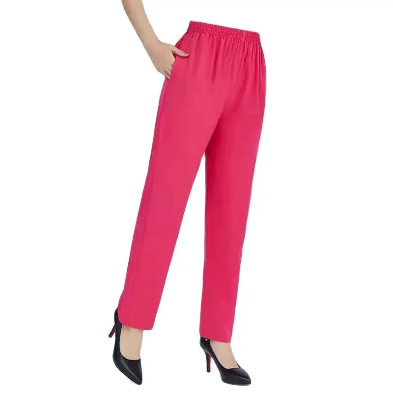 Summer Thin Middle Aged Mother Elastic Waist Leisure Pants Ice Silk Women'S Pants High Waist Loose Straight Cropped Pants