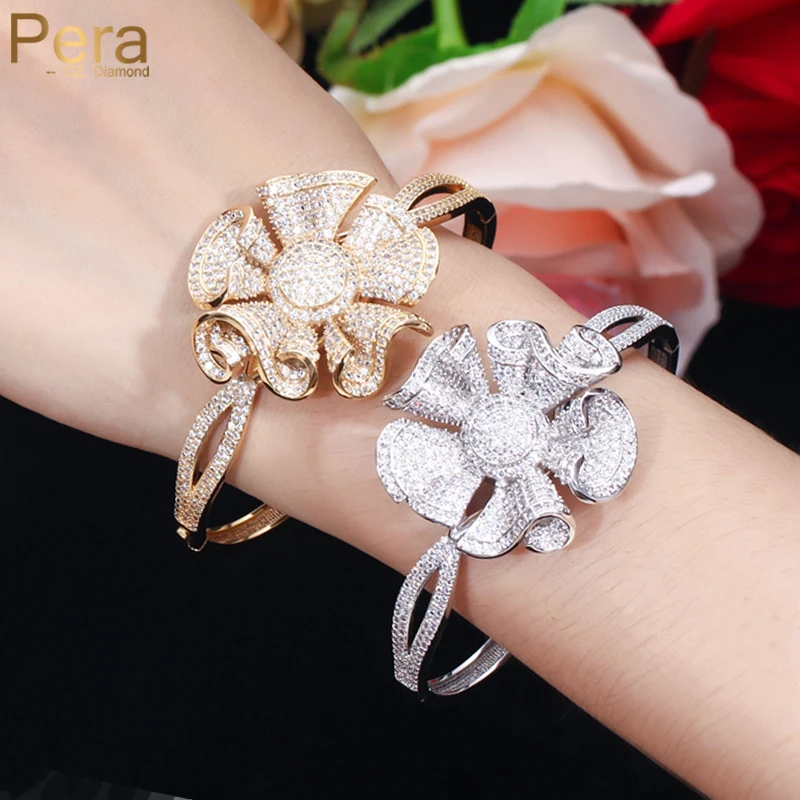 Pera Elegante Prom Party Big Geometric 3D Flower Shape Full Shinning Cubic Zirconia Pave Open Cuff Bangles Per Gioielli Da Donna Z021