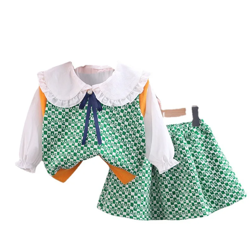 Baby Girls Clothing Sets Kids Grid Sweatshirt+ Skirts+ Vest 3Pcs Costume Suit Spring Autumn Children'S College School Clothes