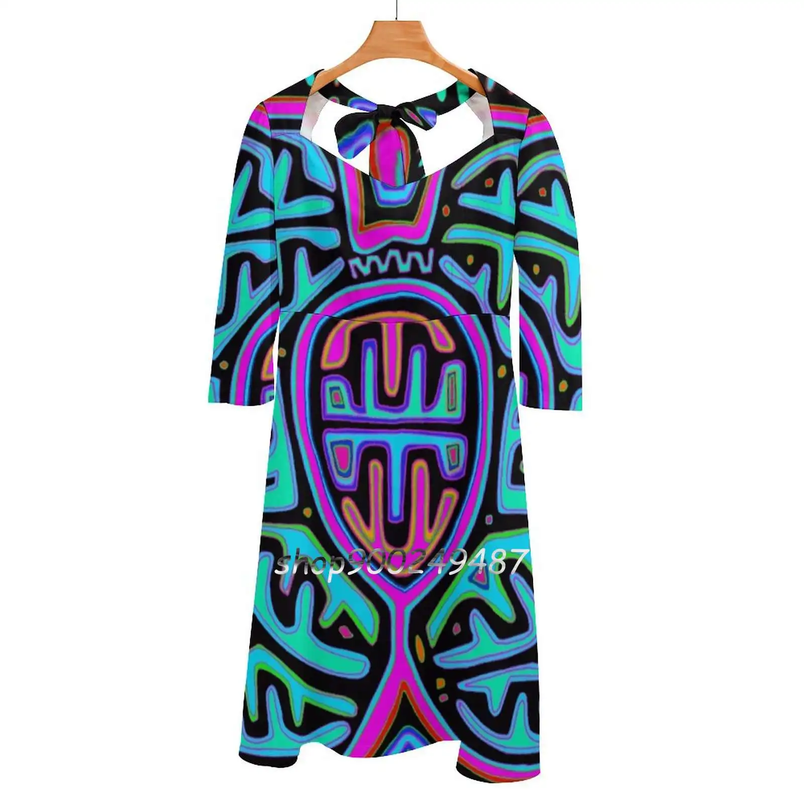 Kuna Mariposa Flare Dress Abito Collo Quadrato Elegante Moda Femminile Abito Stampato Virginia Vivier Vagabond Folk Art Mystique