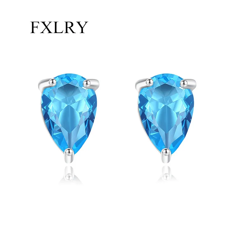 Fxlry Contracted Fashion Blue Cubic Zirconia Waterdrop Shape Stud Earrings For Women Wedding Party Jewelry