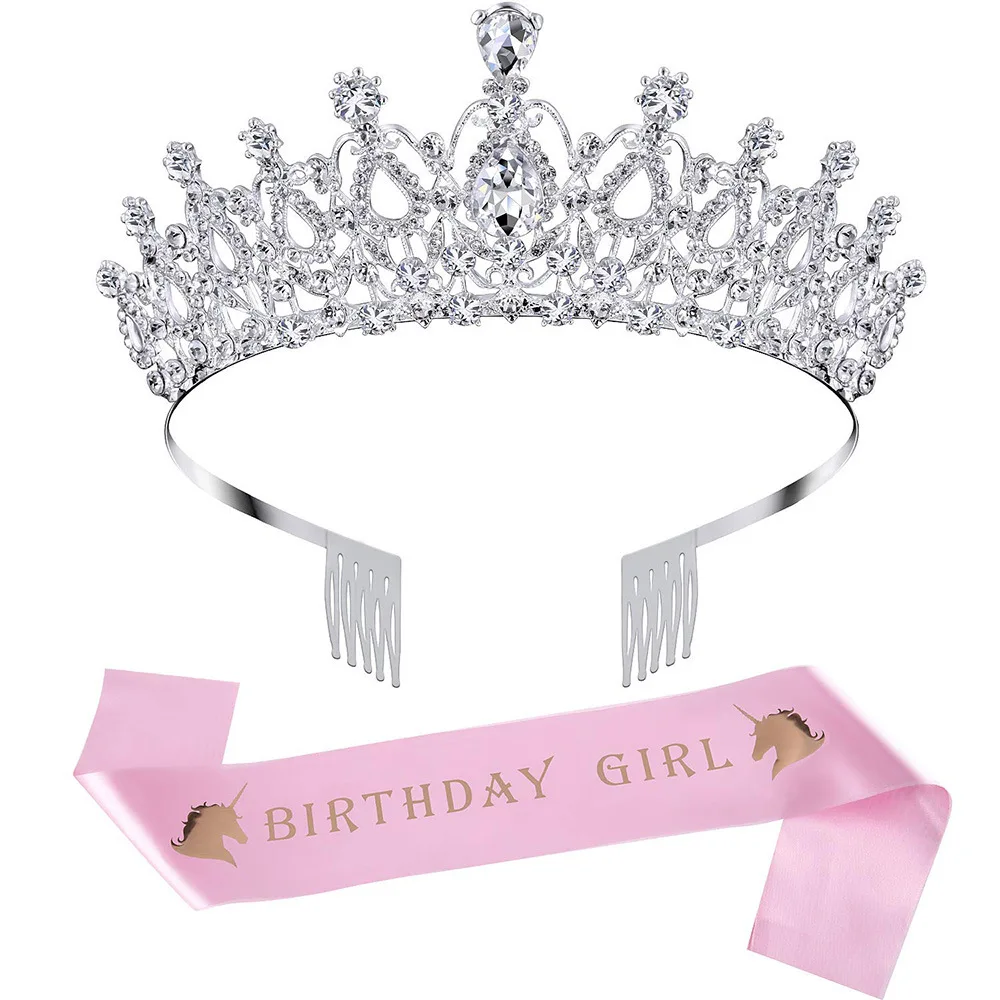 Crown Unicorn Satin Sash Girls Birthday Party Supplies Decorazione Baby Shower Wedding Unicorn Party Senior Sash Crown Headwear