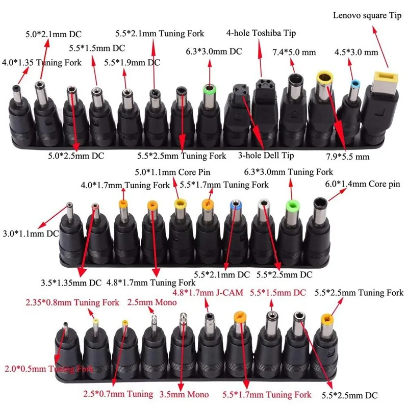 34Pcs Connettore Jack Plug Adattatore Di Alimentazione Ac Dc Source Connect 5.5Mm * 2.5Mm 5.0Mm * 2.1Mm Tuning Fork Core Pin Universal Adapter Plug