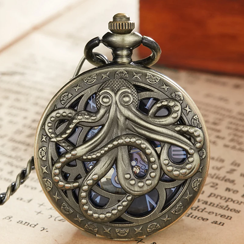 Orologio Da Tasca Meccanico Octopus Dorato Steampunk Skeleton Hand-Wind Flip Clock Fob Watch Con Catena Per Uomo Donna Collection