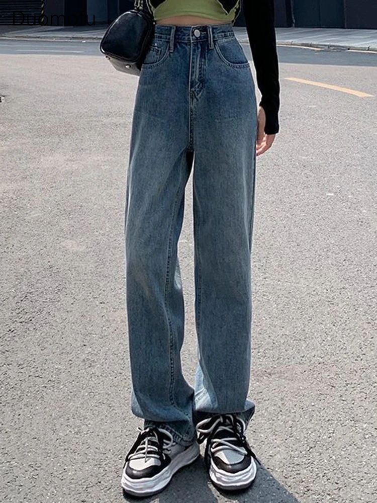 Duomofu Classic Vita Alta Slim Casual Full Length Jeans Donna Primavera Vintage Allentato Moda Lavato Dritto Xs-2Xl Jeans Femminili