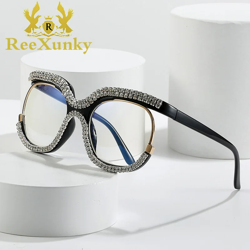 Luxury Crystal Blue Light Blocking Computer Glasses Frame Women Fashion Oversize Vintage Anti Rays Eyewear Clear Reading Office