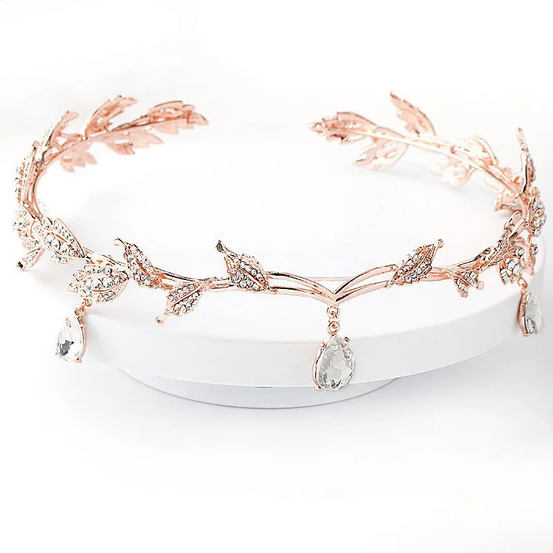 Luxury Leaves Waterdrop Pendant Crown Elf Shiny Rhinestone Headbands Brides Wedding Diadas Prom Princess Diadem Jewelry