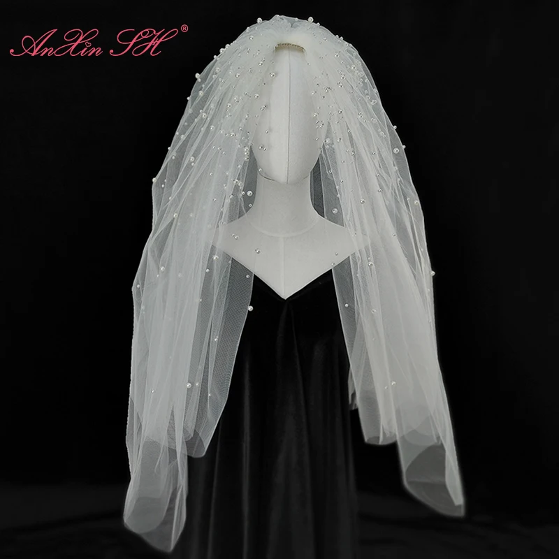 Anxin Sh Vintage White Lace French Princess Perline Perle Veli Da Sposa Party Antique Bride Wedding Dress Veil