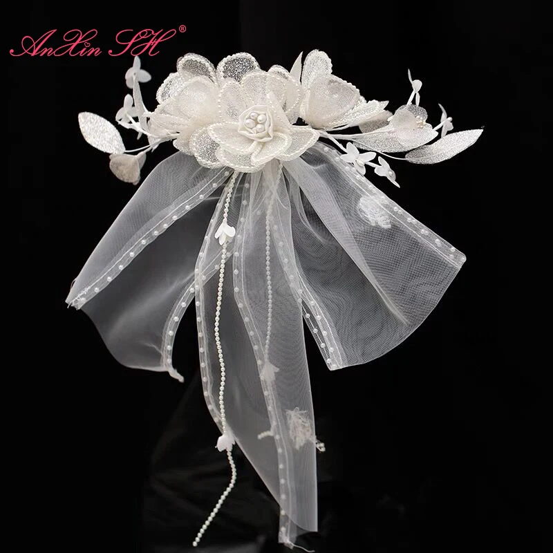 Anxin Sh Vintage Big Bow Flower French Princess Perline Perle Da Sposa Pizzo Bianco Antico Sposa Copricapo Leggero Velo