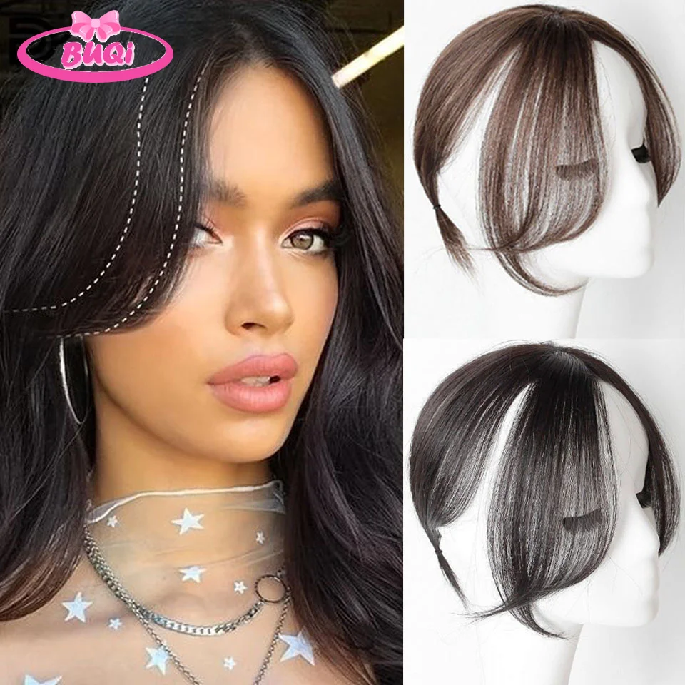 Buqi Natural Human Hair Bangs Frangia Laterale Per Le Donne 3D Parte Centrale False Bangs Clip-In Exrensions Posticci Invisibili