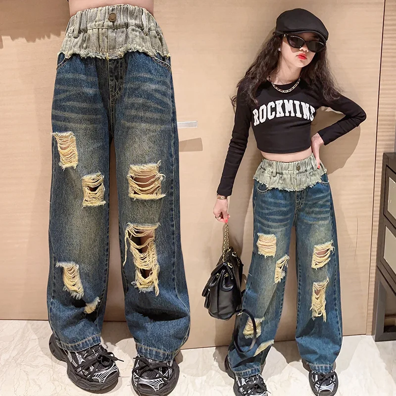 10 12 Anni Autunno Ragazze Jeans Strappati Cool Streetwear Bambini Blu Denim Pantaloni Pantalon Fille 14 Ans Pantaloni Per Bambini