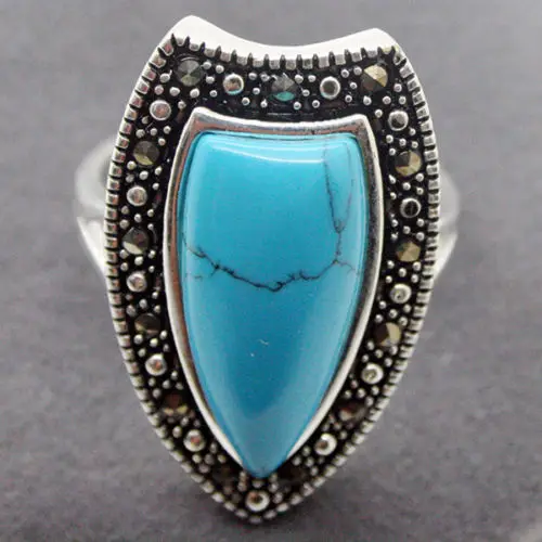 14*26 Millimetri Blu Di Giada Naturale Marcasite 925 Sterling Silver Waterdrop Ring Size 7/8/9/ 10