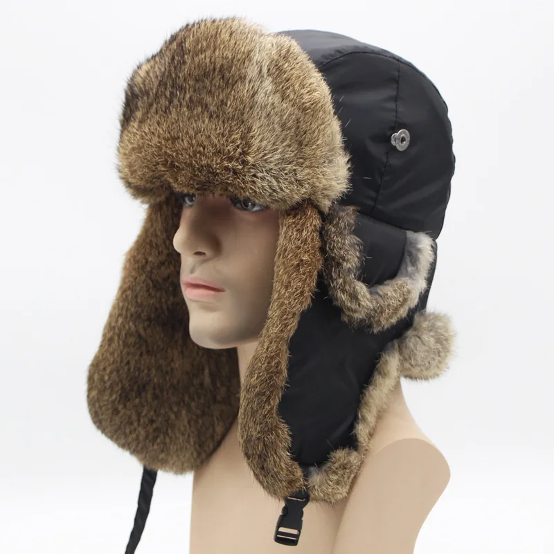 Winter Men Bomber Hat 100% Fur Thick Warm Outdoor Russian Ushanka Fashion Male Earflap Ski Pilot Cap Trapper Antivento Ride Cap