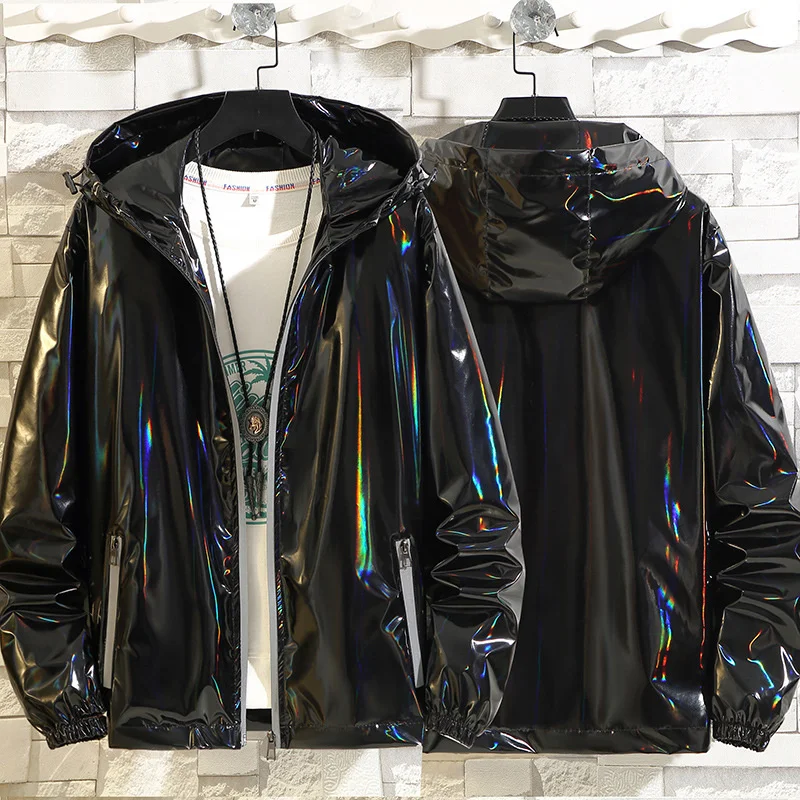 #4201 Black Sliver Shinny Jacket Men Bomber Jacket Giacca Hip Hop In Stile Coreano Giacche E Cappotti Da Uomo Slim Streetwear Cappotto Con Cappuccio