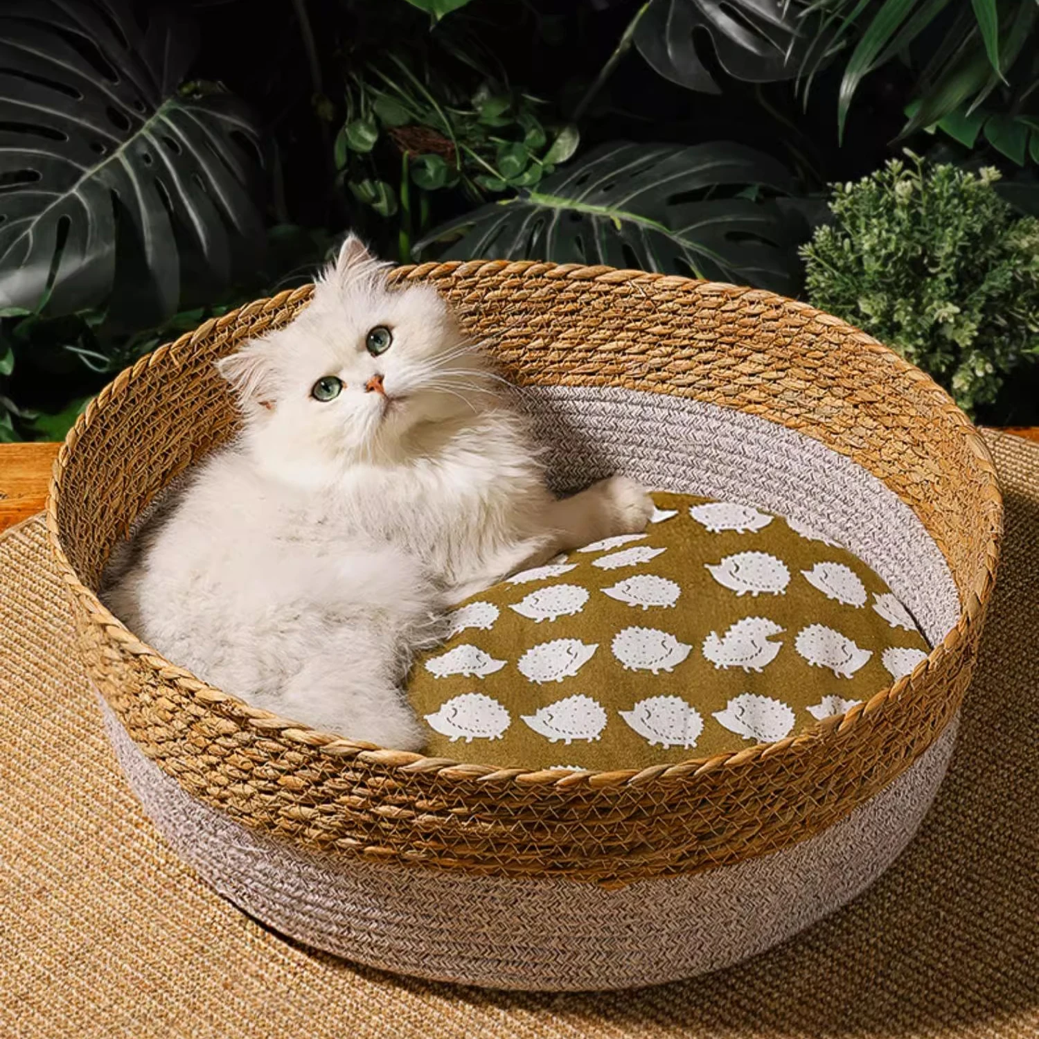 Cute Japanese Pet Cat Bed Round Hand Woven Rattan Cat Beds Summer Cooling Kitten Basket Cotton Rope Cat Scratching Cestini