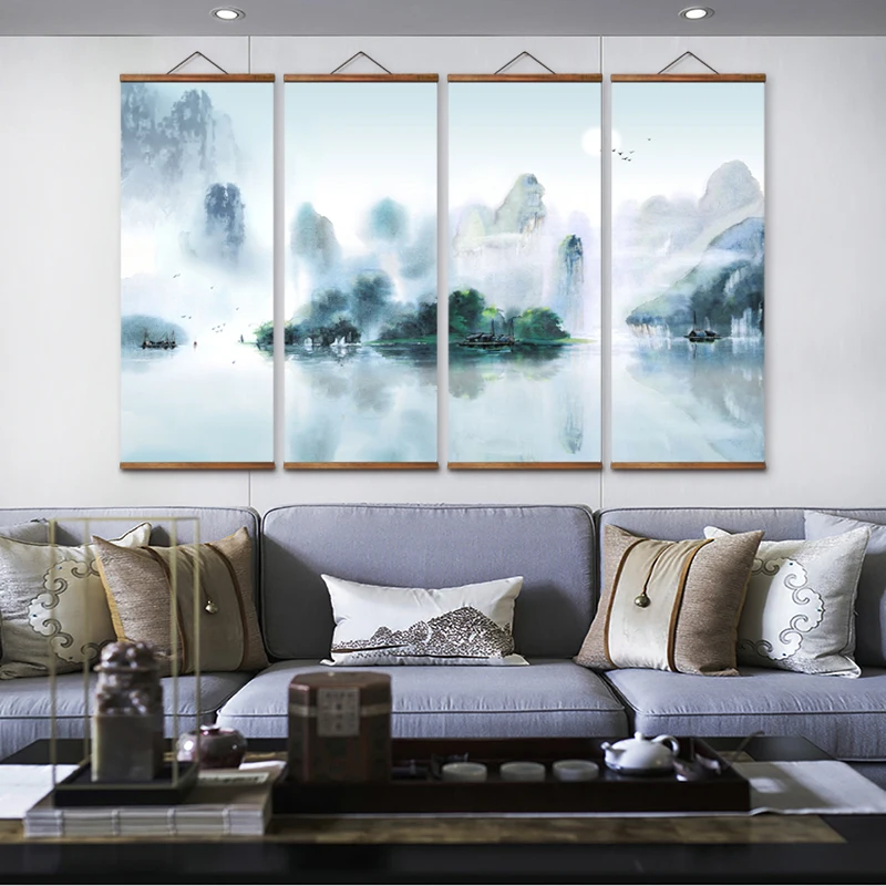 Mt0801 Stile Cinese Mountain Fishing Boat Canvas Decorativo Wall Art Poster Dipinti Scroll In Legno Massello