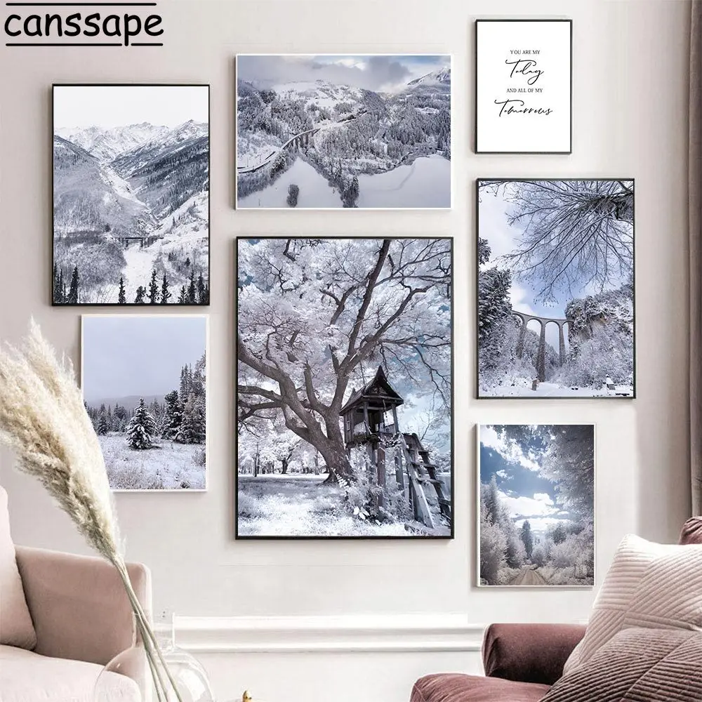 Bridge Canvas Poster Forest Print Pictures Mountain Art Prints Snow Landscape Wall Paintings Nordic Poster Living Room Decor