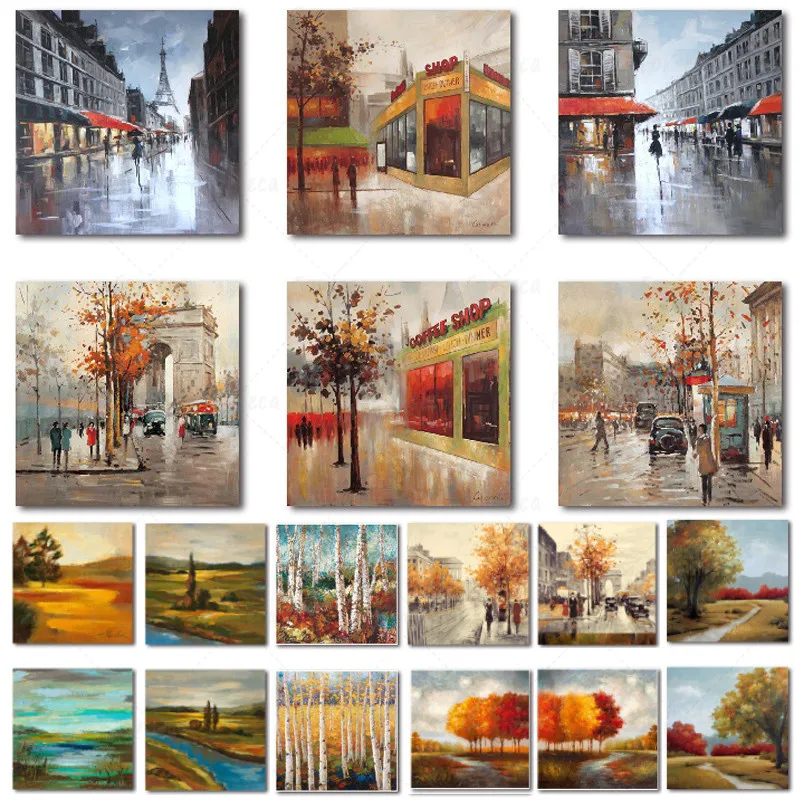 Paesaggio Astratto Poster Car People In Street Mountain Tree Canvas Painting Retro Wall Art Picture For Living Room Home Decor