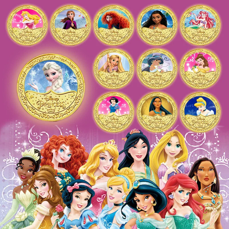 Disney Princess Commemorative Coin Action Anime Figure Ariel Belle Biancaneve Anna Elsa Coin Cute Cartoon Ornament Regalo Per Bambini