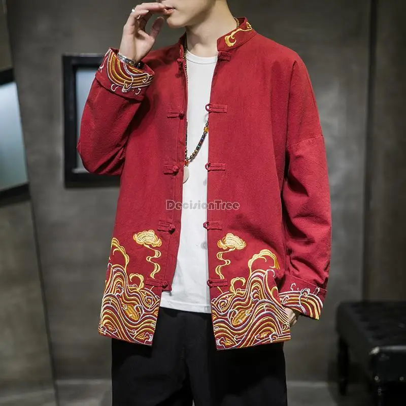 Uomo Wushu Top Ricamo In Lino Cappotto Antico Camicia Maschile Vintage Tang Suit Stile Cinese Hanfu Zhongshan Suit Camicia Casual