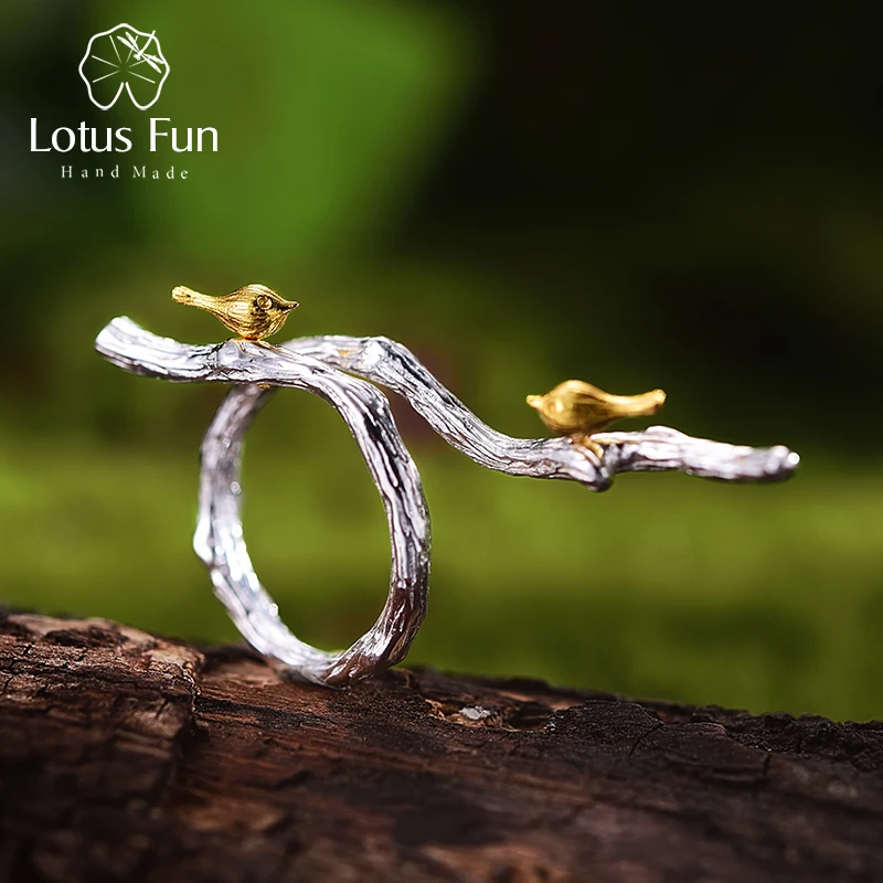 Lotus Fun Real 925 Sterling Silver Original Handmade Fine Jewelry Anello Regolabile 18K Gold Bird On Branch Rings For Women Bijoux
