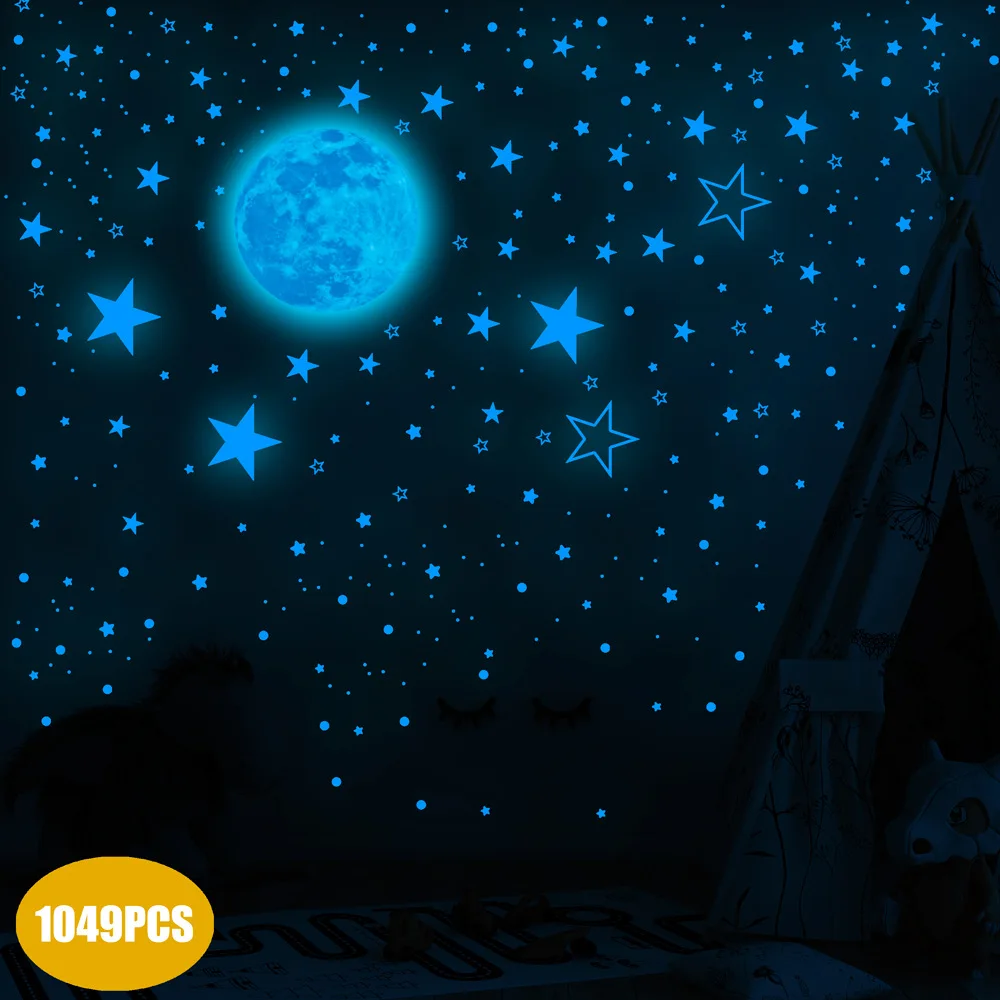 1049Pcs Blue Light Moon Stars Glow In The Dark Adesivi Murali Per Bambini Baby Room Camera Da Letto Soffitto Decorazioni Per La Casa Adesivi Luminosi