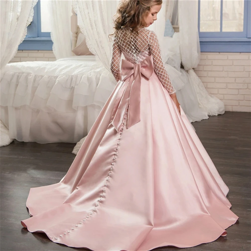 Abiti Da Prima Comunione In Raso Rosa Griglia In Pizzo A Maniche Lunghe Flower Girl Princess Dress Wedding Party Prom Ball Beauty Pageant Gown