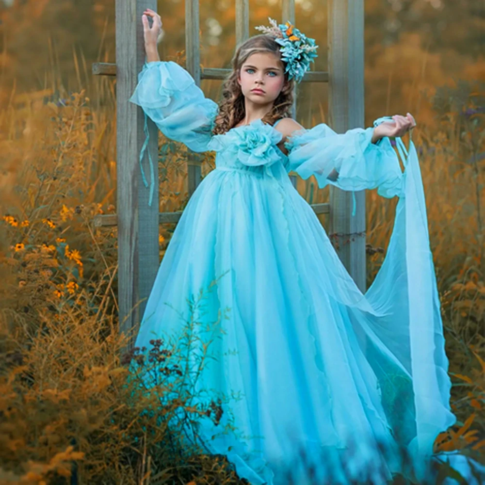 Flower Girl Abiti Da Prima Comunione Principessa Senza Maniche Puffy Blue Angel Dress Wedding Birthday Party Beauty Pageant Gowns