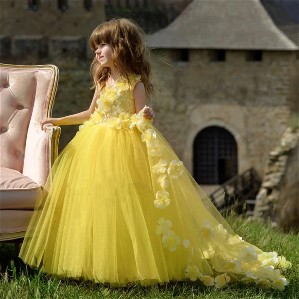 Abiti Da Prima Comunione Tulle Senza Maniche 3D Applique Flower Girl Princess Dress Beauty Pageant Wedding Party Prom Ball Gowns