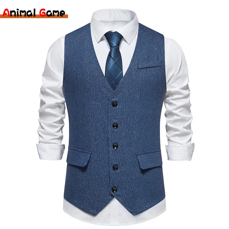 Gilet Da Uomo In Lana Tweed Nuovo Gilet Monopetto Slim Fit Gilet A Spina Di Pesce