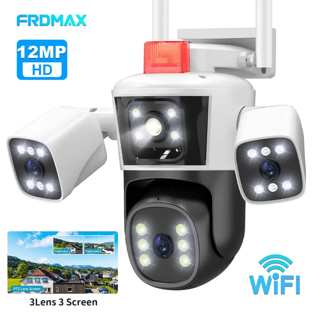 6K 12Mp Wifi Ip Camera Outdoor Three Lens Panoramic View Ptz Ip Camera Ai Tracking Protezione Di Sicurezza Cctv Videosorveglianza